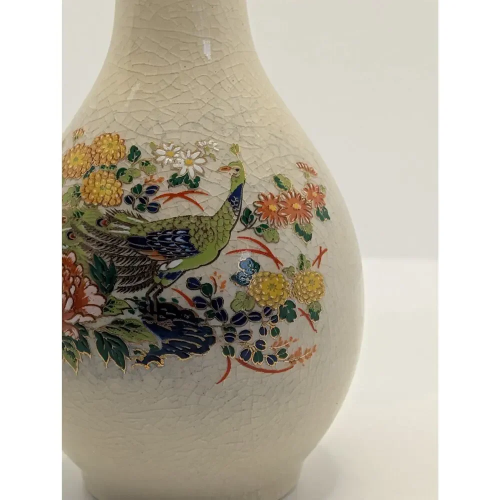 vintage crackle-glaze porcelain vase with a hand-painted peacock & floral design